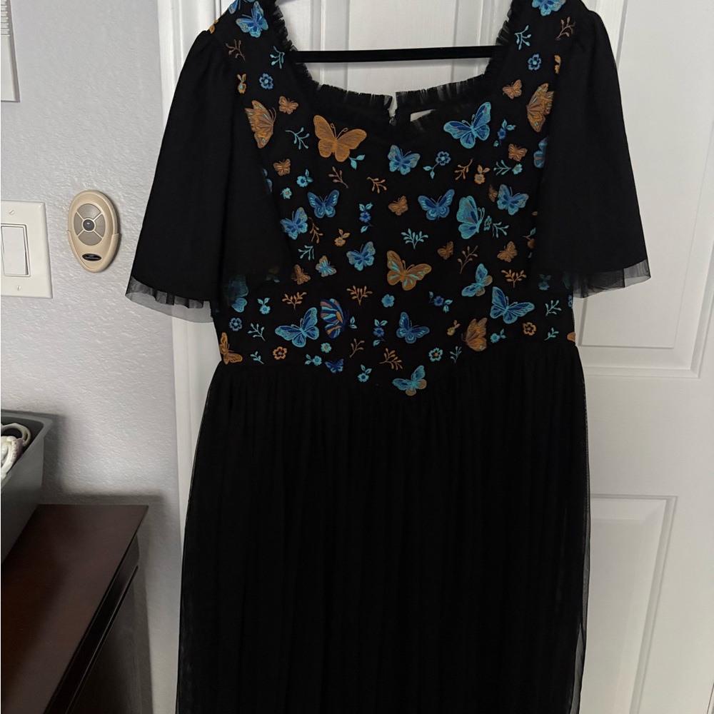 JessaKae Black Dress with Blue and Orange Butterfly Embroidery